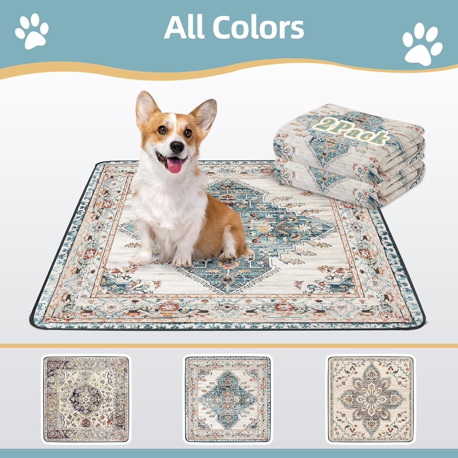 Washable Pee Pads for Dogs Large 2 Pack, 48" X 48" Reusable Puppy Pads Waterproof Dog Rugs, Super Absorbent, Leakproof, Dog Crate Pad, Playpen Mat, Whelping Pads, Blue Medallion